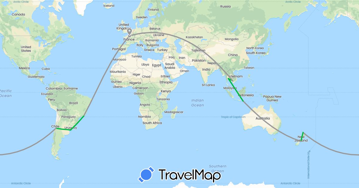 TravelMap itinerary: bus, plane in Brazil, France, Indonesia, Cambodia, New Zealand, Thailand (Asia, Europe, Oceania, South America)